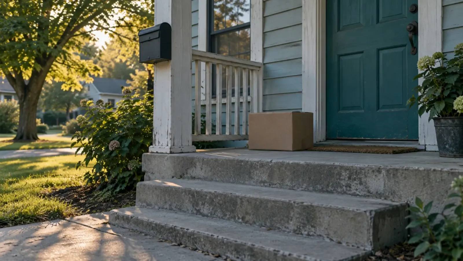 Illustrative Midwest stoop with a teal front door, three concrete steps and a cardboard box